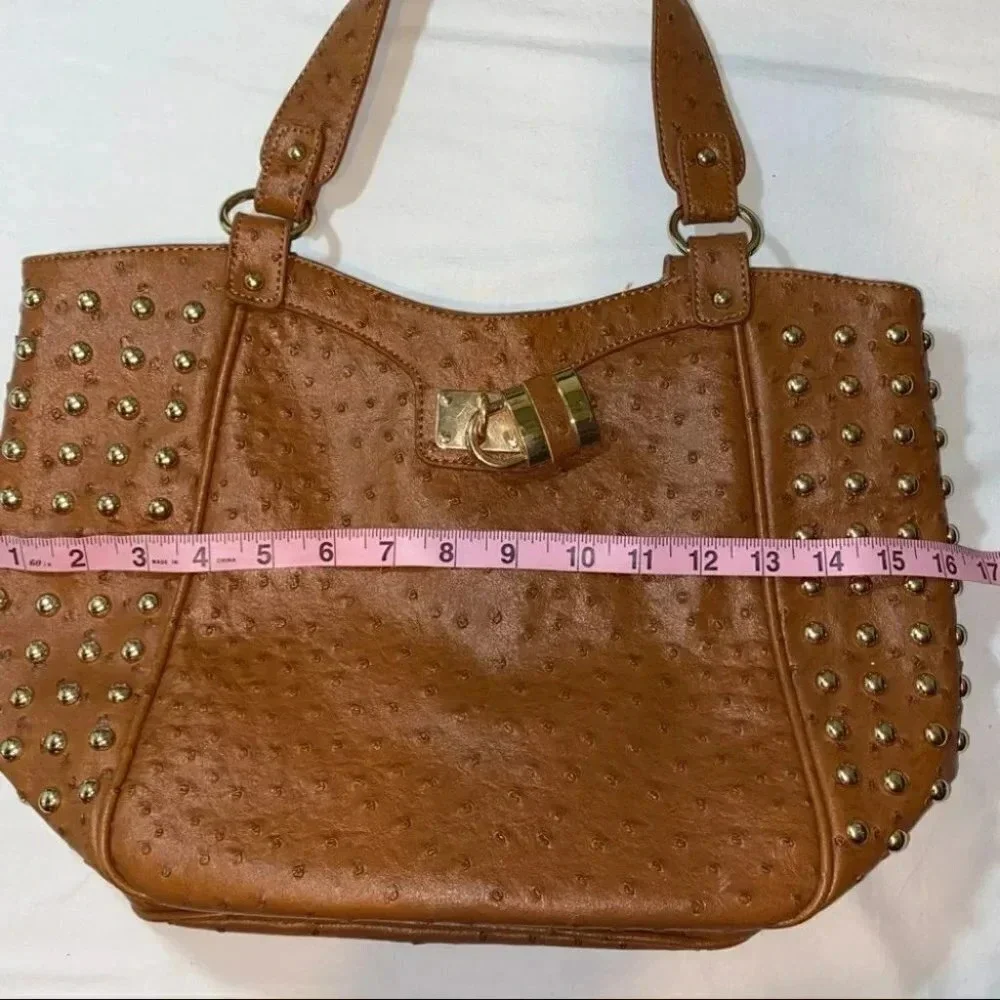 Expressions NYC Tote Bag Large‎ Brown Ostrich Embossed Studded Padlock Accent